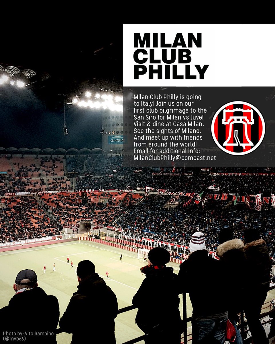 MilanClubPhilly's tweet photo. THERE'S STILL TIME!
Join us on our epic trip to Italy for #MilanJuve, a visit to #CasaMilan and meeting up with all our friends!
Deadline to register is next Monday. Please RT to help us spread the word and contact us for additional information! ❤️🖤
#ForzaMilan #DevilsInUSA https://t.co/zmDVLlgS0M