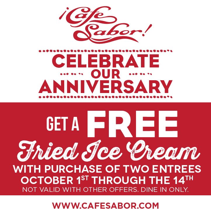 CafeSabor's tweet photo. October is the 16th anniversary of our Logan location...and we’re celebrating the anniversary of all locations! We’re so grateful for the support of our loyal customers at ALL locations over the years! Please join us for free fried ice cream at ALL locations! https://t.co/igoaqshKJ1