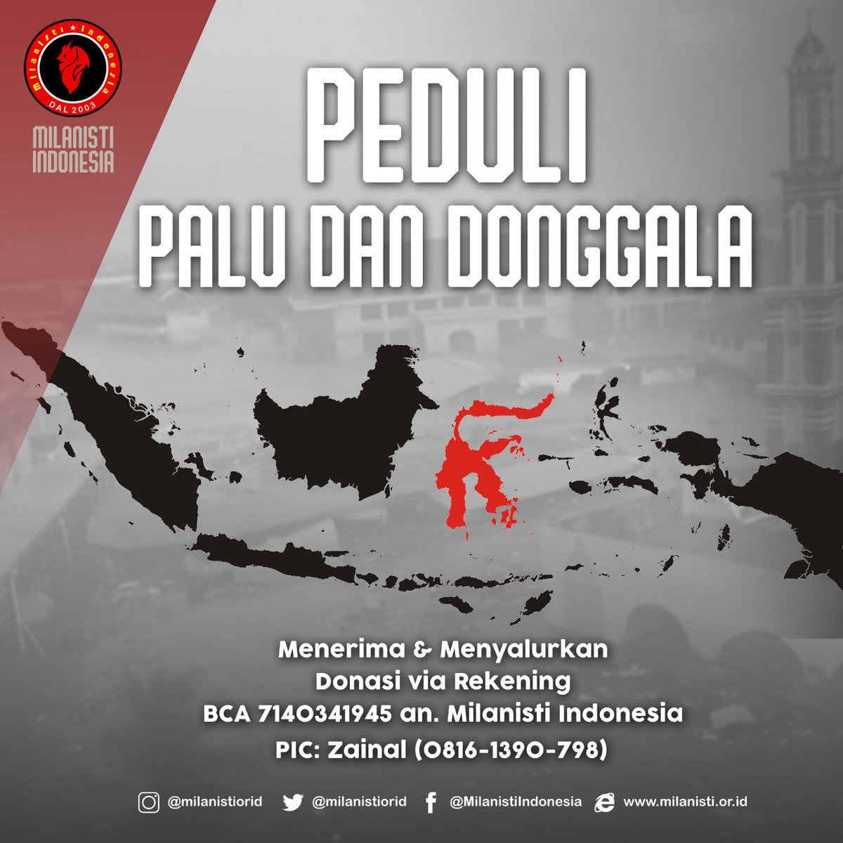 Assalamualaikum Wr.wB..
Salam Sejahtera untuk kita semua..
Kami pengurus Pusat Milanisti Indonesia membuka donasi 'PEDULI PALU &amp; DONGGALA' .
Semoga hal ini dapat mendorong kita untuk berbagi dan menolong sesama saudara keluarga Milanisti Indonesia dan sebangsa setanah air. . . 🙏