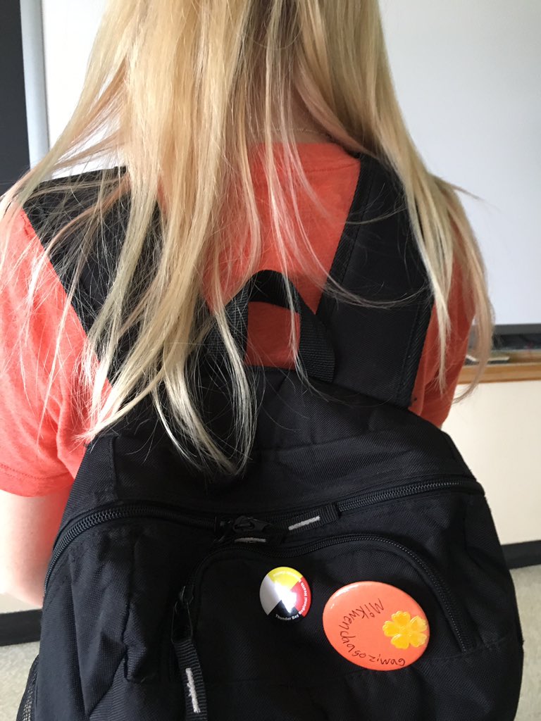 TBCDSBStPatrick's tweet photo. Today St. Pat’s staff and students participated in Orange Shirt Day. We also honoured Ms. Diabo, our #nativelanguage teacher, who is a Residential School survivor. #everychildmatters #tbcdsb #tbay #wewillrememberthem https://t.co/bzRPIkLF00