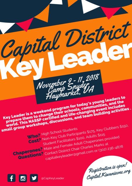 CapKeyLeader's tweet image. Happy October! Key Leader is next month! Have you registered yet? Register today at capital.kiwanisone.org
