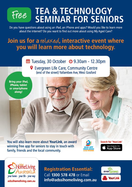 YourLinkAU's tweet photo. YourLink and Adssi HomeLiving Australia will host a free Tea &amp; Technology for Seniors event on Tuesday 30 October at Evergreen Life Care. You don't have to be a resident of Evergreen to attend. Call 1300 578 478 or email info@adssihomeliving.com.au. https://t.co/iIHEpNs1Lv https://t.co/l5j6FP4Thf