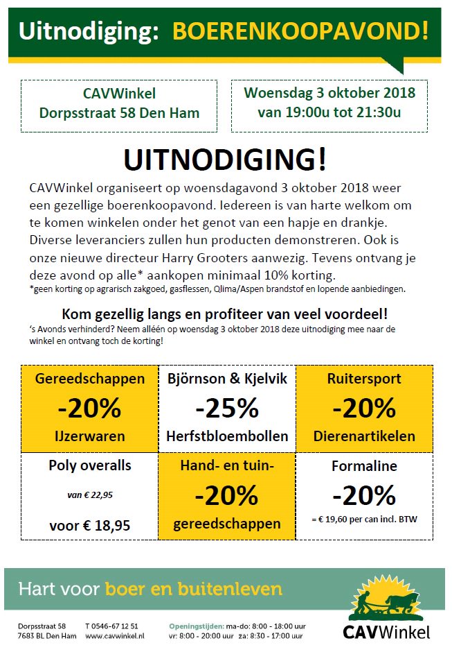 CAV Winkel #Boerenkoopavond op woensdag 3 oktober van 19:00 tot 21:30 uur. Winkelen met hapje en drankje, kortingen en demonstraties. Tot woensdagavond! <a href="/CAVwinkel/">CAVWinkel</a>