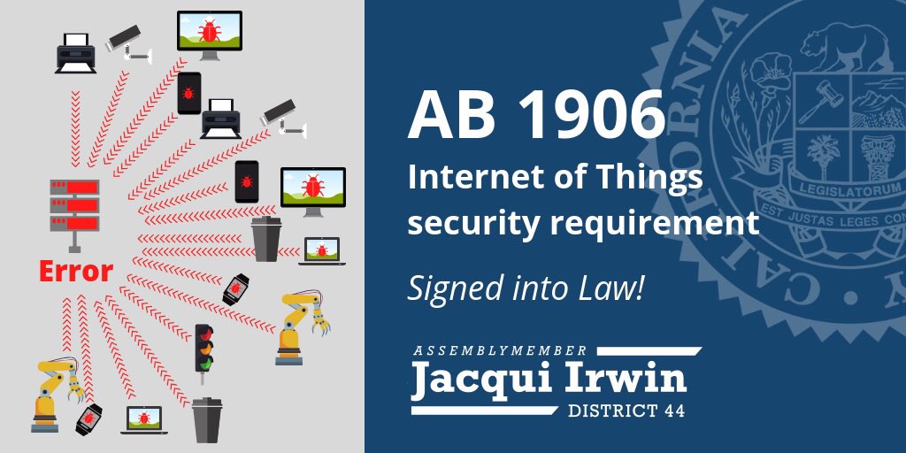 ASM_Irwin's tweet photo. I applaud the Governor’s forward thinking by signing #AB1906. This law will require manufacturers to equip smart devices with a reasonable security feature or features to prevent #cyberattacks. https://t.co/Hz7tndgbVK