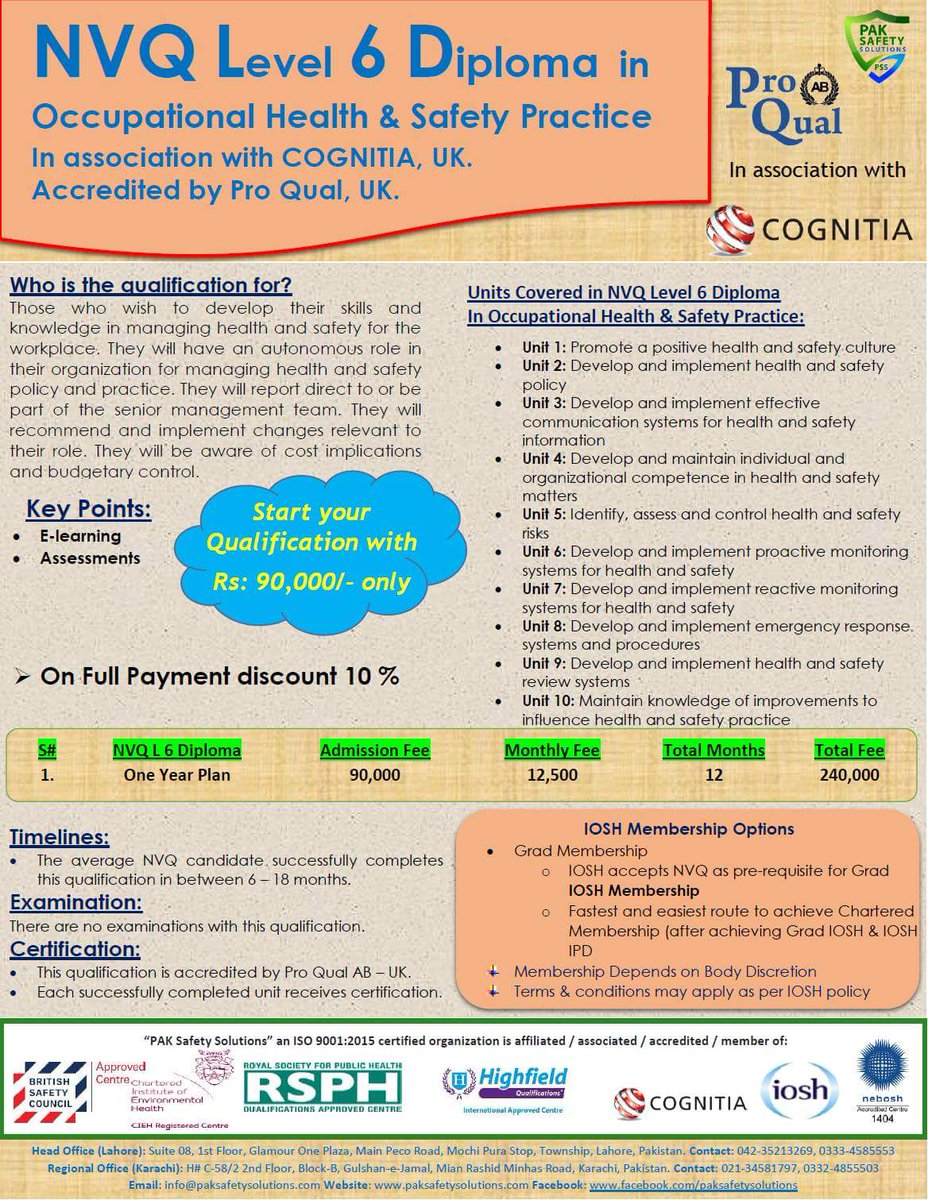 imranshahbaz26's tweet photo. #BecomeGradIOSH, #Become #GraduateHSE #Professional
#NVQ #level 6. #NVQ #diploma in #OHSP,
#GradIOSH, #CMIOSH. #Monthly #instalments available for #learners. #Contact our #team or me #directly via ishahbaz@paksafetysolutions.com
https://t.co/u1KgOUR95r https://t.co/15iM6LJlYR