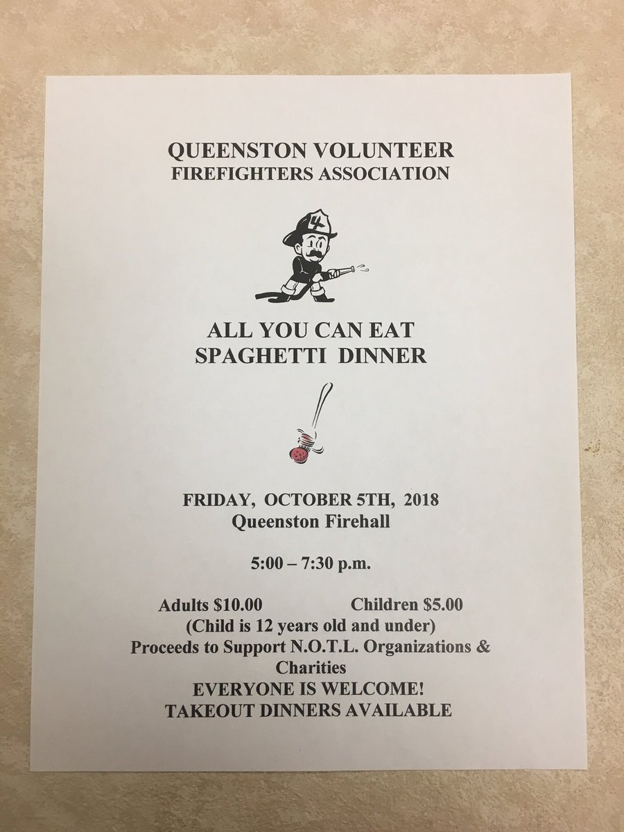 niagaradffa's tweet photo. Here are the details of the @NOTLfiredept Station Four Spaghetti Dinner this Friday in Queenston. 👨🏻‍🚒🍝 🙂 https://t.co/kvWl3TXtPa