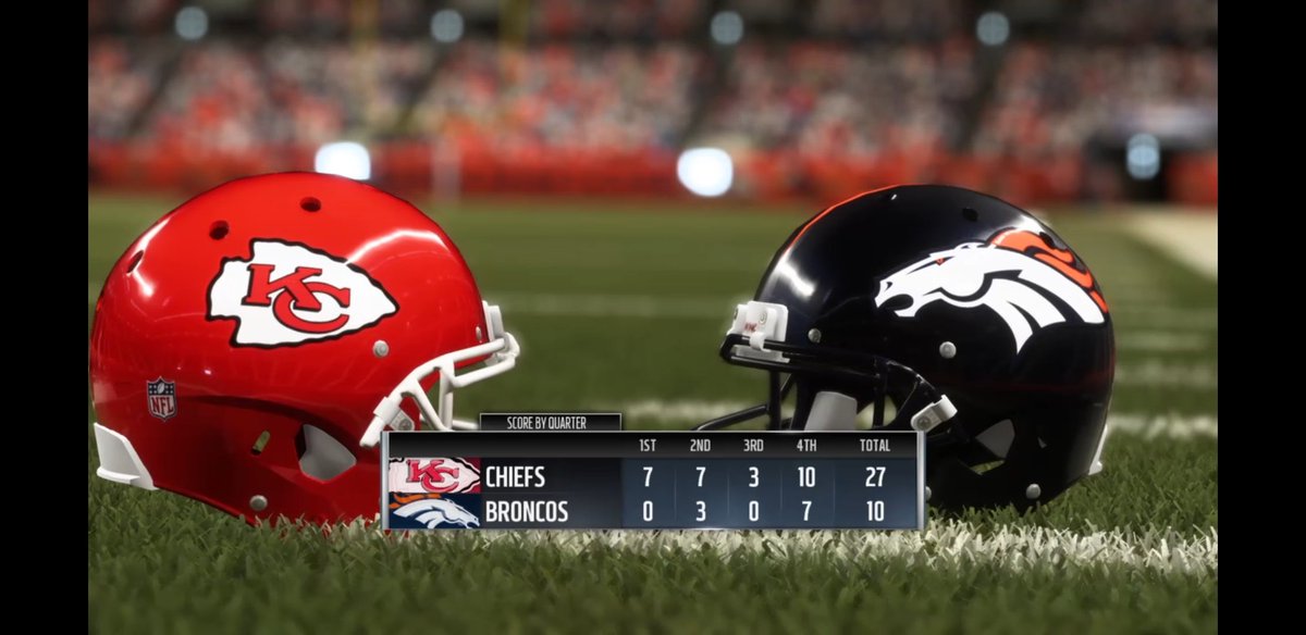 The_eAthletes's tweet photo. Tough night for the Rookie QB Masterpiece as he goes 
20/33 175 YDS 1 TD 5 INT 
in the Broncos loss.

#Chiefs 27 - 10 #Broncos

#Madden19 #RookieSZN #JuniorMasterpiece #MNF

#EAthletes #ChooseAFave! #CheerUsOn! 

Thanks everyone for tuning in! https://t.co/PFysKMTfNJ