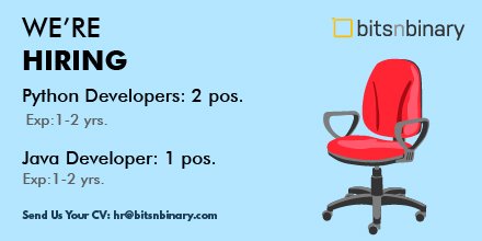 bitsnbinary's tweet image. Hi! We're urgently hiring Python and Java Developers for Ahmedabad location. Interested candidates can send their updated resumes to hr@bitsnbinary.com