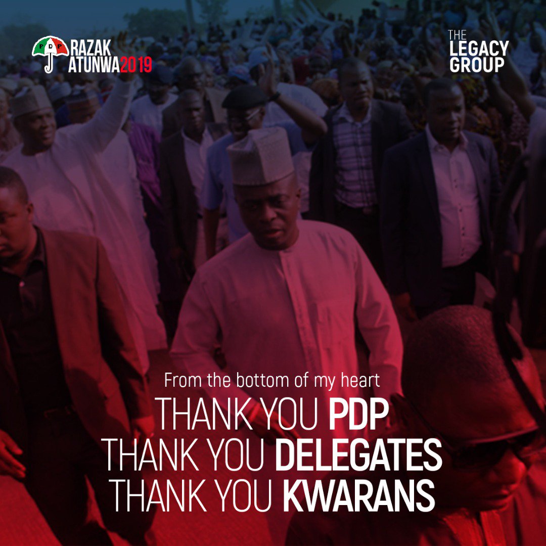 IbrahimObasky's tweet photo. Congratulations to Hon Rt Barr. Rasaq Atunwa for his victory as the #KwaraPDP flag bearer.. @bukolasaraki @rafiuibrahim @Atunwa_1 . victory will be ours by 2019 Inshall Allah.. We shall also congratulates @rafiuibrahim as he will pick the kwara south ticket Inshall Allah. Amen. https://t.co/5Mcul77Nrj