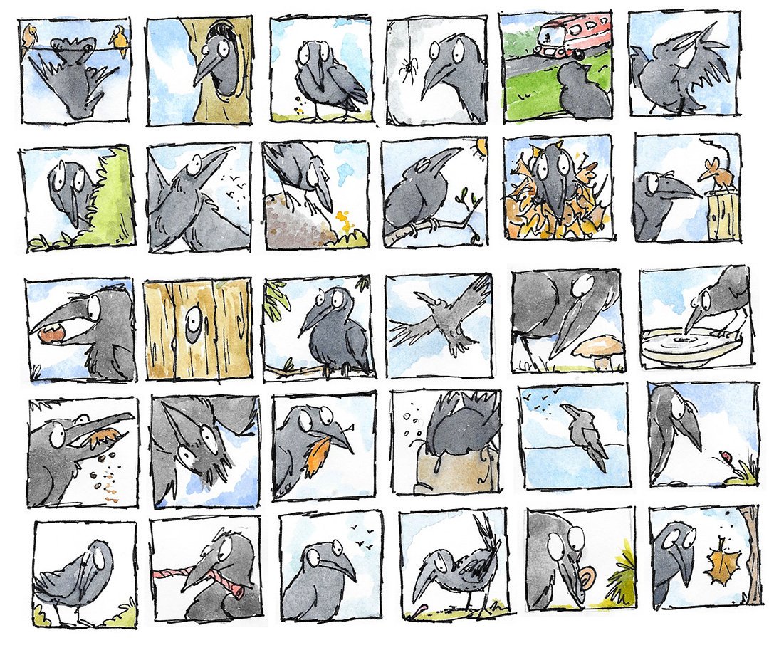 collection of 30 inch by inch snapshots of Crow's day
#illustration #JohnVernonLord