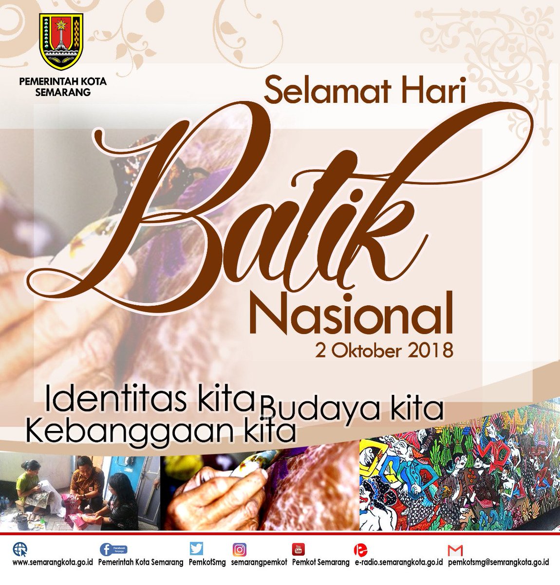 PemkotSmg's tweet photo. SELAMAT HARI BATIK NASIONAL โฆ. 9 tahun yang lalu, Batik ditetapkan sebagai warisan budaya dunia oleh UNNESCO. Batik merupakan budaya turun nenurun asli Indonesia #pemkotsemarang #semarangsekarang #banggasemarang #semaranghebat #batiksemarang #batikday https://t.co/S0uUNmGmnQ