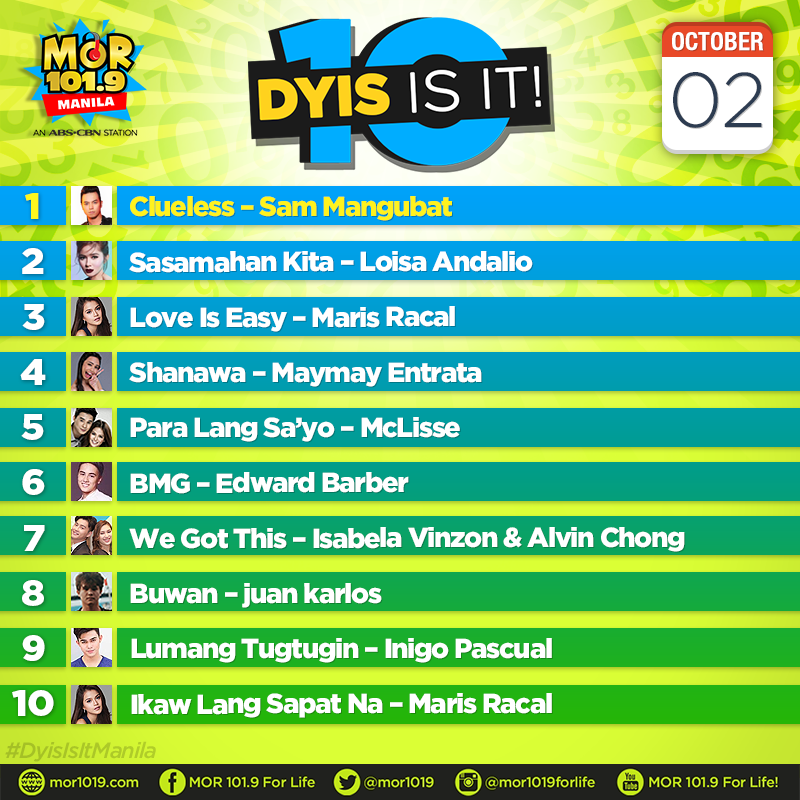 MORentPH's tweet image. Ito na ang mga kantang pasok sa ating #DyisIsItManila Countdown ngayong araw, October 2, 2018.