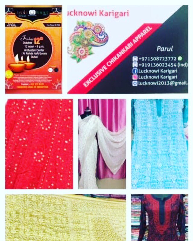 divyaverma2001's tweet photo. Buy designer chikankari work lehengas , anarkalis, unstitched suits in pure georgette , cotton only at Kaleidoscope’s Indi Haat 
DATE : 12 oct 2018
VENUE : Al Bustan Centre qusais 
TIMINGS : 12 – 9 pm ENTRY FREE &amp; Parking free https://t.co/k2DNYCx23w