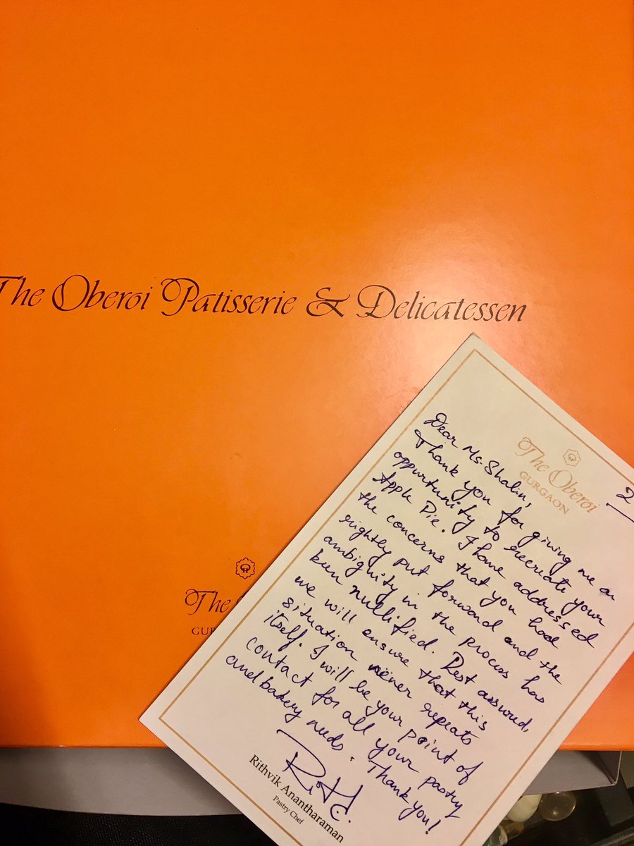 shaliniharnot's tweet photo. This is #HOSPITALITY and true spirit of #CustomerCare. 
Just received this delicious Apple pie, just as I like, with a personal note from @RithvikAnanth, #pastryChef @OberoiGurgaon.A simple #tweet did this, not even a complaint.  I salute you guys, many should learn from you all. https://t.co/ZbS6d0Hpkl