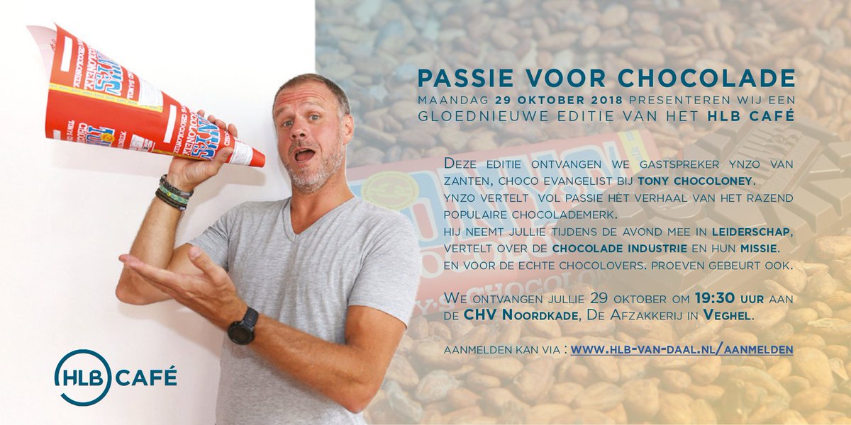 RMeesters's tweet photo. Ben jij bij het HLB Café wat helemaal in teken staat van Tony Chocoloney? 🍫🍫 
Meld je nu aan via https://t.co/z6GJ1kJS8H https://t.co/W9nHNSx5d5