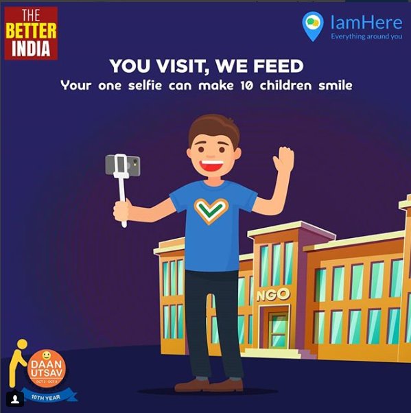 daanutsav's tweet photo. Visit an NGO alone or with buddies &amp; make 10 children happy!

@iamherelabs will donate 10 mid-day meals on ur behalf!

1. Visit an NGO &amp; click a selfie at name board
2. Post with #iVisitedanNGO #DaanUtsav #GivingTuesdayIndia
Look up https://t.co/ORS1FI6J3h fr your nearest NGO. https://t.co/tQ7KTtmitV