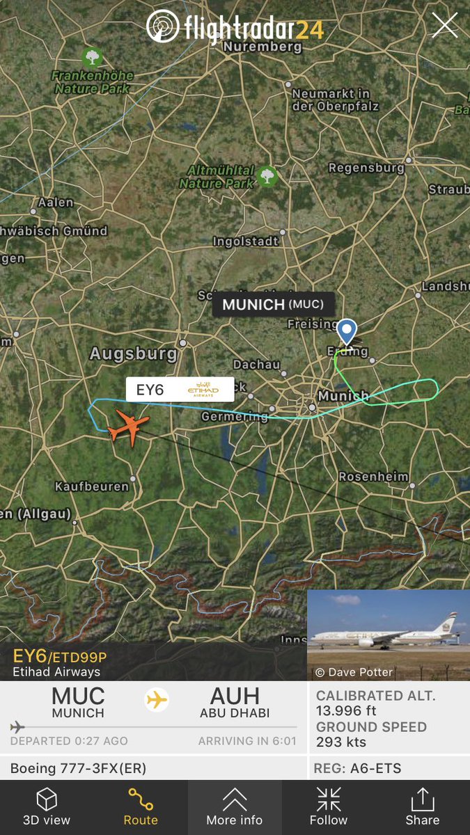 FlightIntl's tweet photo. Etihad Airways flight #EY6 from Munich to Abu Dhabi is holding after departure (thx @dylanockerby1) https://t.co/Vfz7wK94M6 https://t.co/gJQxXXVyJ5