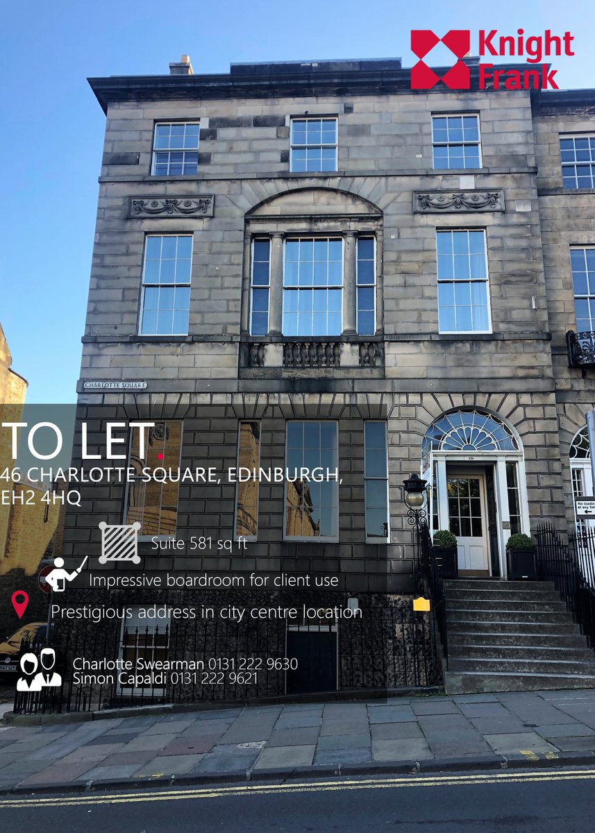 To let 46 Charlotte Square. Prestigious office space in the heart of the city. For full details knightfrank.co.uk/cpd248546. Contact @KFScotlandComm @simon_capaldi  #tolet #cre #Edinburgh #commericalproperty #traditional #Alisted #townhouse
