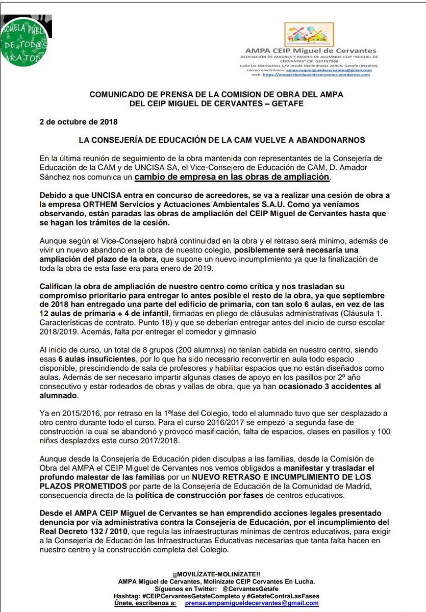 CervantesGetafe's tweet photo. Nota de prensa tras la reunión mantenida con @asan_t @MCLA73 y #ElenaMarroig en la que nos comunicaron el ABANDONO por parte de @Uncisa_construc de la obra de nuestro centro. ¿Dimisiones? Vergüenza de gestión.
#NoALaConstrucciónPorFases 
#CEIPCervantesGetafeCompleto https://t.co/NzwwMG8OI5