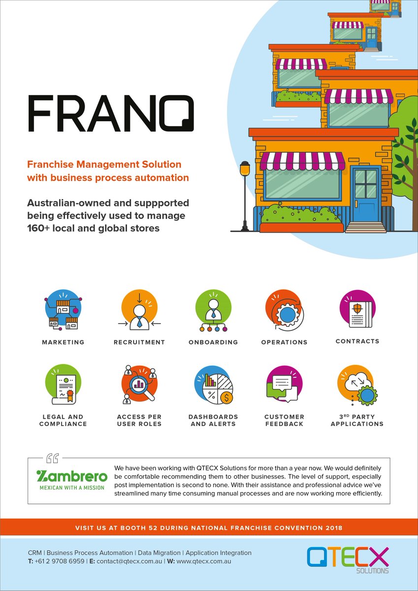 QTECXSolutions's tweet photo. @QTECXSolutions will be exhibiting its franchise management solution, FRANQ, at @FranchCouncilAU's NFC2018 in MEL, VIC on 15-16 Oct. Visit us at Booth 52 to know more about us.

#franchising #businessprocessautomation https://t.co/6yu4HGyWaN