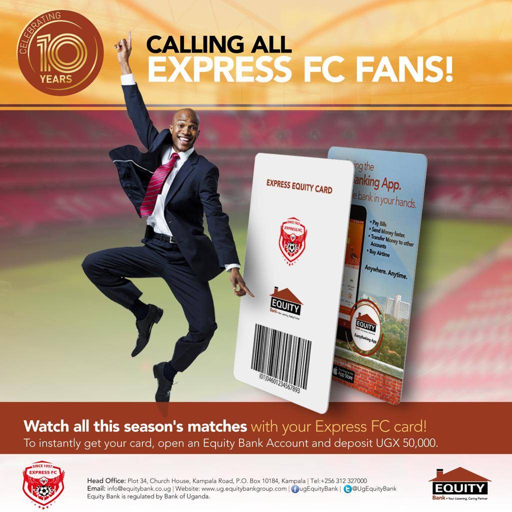 ExpressFCUganda's tweet image. @UgEquityBank will be at Wankulukuku issuing #EquityExpressCard to fans who have not yet got before the match. Kindly come with your national ID and 50,000/-. Fans with these cards will watch all 15 home @UPL games at no extra cost.

expressfc.co.ug/announcement-e…

#EXPURA #NdibaYokka