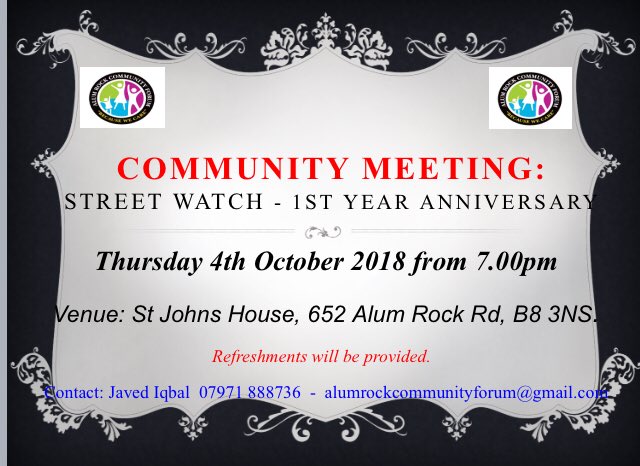 AlumRockCF's tweet photo. ^STREET WATCH - 1st Anniversary*
A community meeting to commemorate and provide an update on Street Watch 1 year after it was started.
A successful model that is being replicated across the city to eradicate prostitution, ASB, littering and drug dealing.
Join us to hear more! https://t.co/lxST4sIAMn