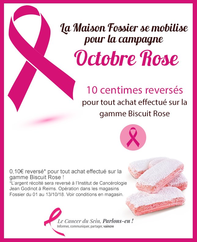 La Maison Fossier se mobilise pour la campagne #OctobreRose  🎀
La Maison Fossier reversera 10 centimes pour tout achat effectué sur la gamme Biscuit Rose. L’argent sera reversé à l’institut de Cancérologie Jean Godinot à Reims. Opération dans les magasins Fossier.