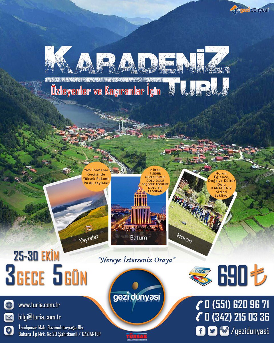 Kaçıranlar ve Özleyenler İçin Sezonun Son Karadeniz Turu
İletişim: 📞0(551)6209671 #gezidünyası #seyahat #acentesi #gaziantep #gezi #dünyası #turia #turizm #gaziantepgezi #acente #gaziantepçıkışlı #gazianteptur #tur #travel #trip #tour #turiaturizm #gezidunyasi #antep #gaziantep