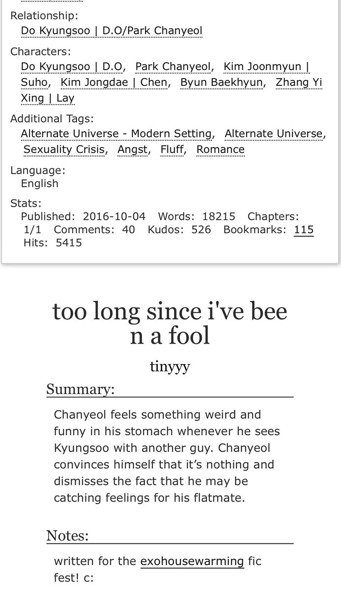smol_soo12's tweet photo. Too long since I’ve been a fool by Tinyyy (exohousewarming) 
❤️ Pining
❤️ Jealousy
❤️ Angst
❤️ Fluff
❤️ Friends to lovers
❤️ Past: Xingsoo and Myeonsoo
❤️ I love this so much. 💕
#Chansoofic #Chansoo
https://t.co/lCgUs5kgPo https://t.co/ICJQ6teZDH