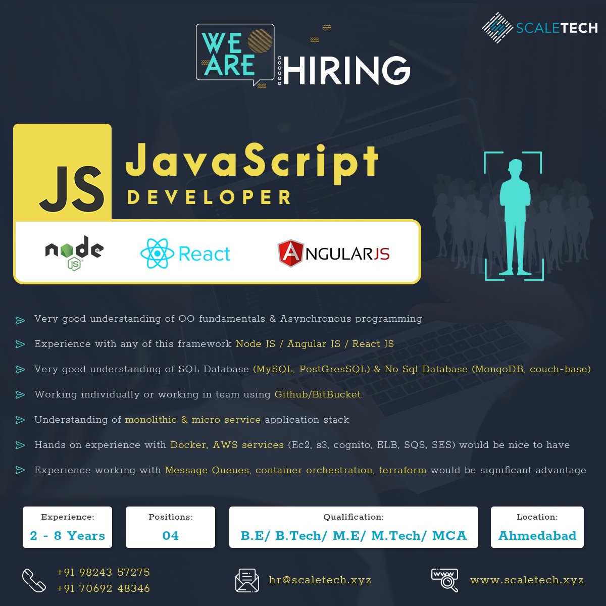 iambhoomilila's tweet image. We're hiring JavaScript Developer for #Ahmedabad Location
For more detail click on bit.ly/2zL6Ja9
#scalablearchitecture #docker #kubernetes #jenkins #javascript #BackEnd #FrontEnd #Developer #AhmedabadITJobs #Gujarat #AhmedabadJobs #javascript #Github #BitBucket #NodeJS