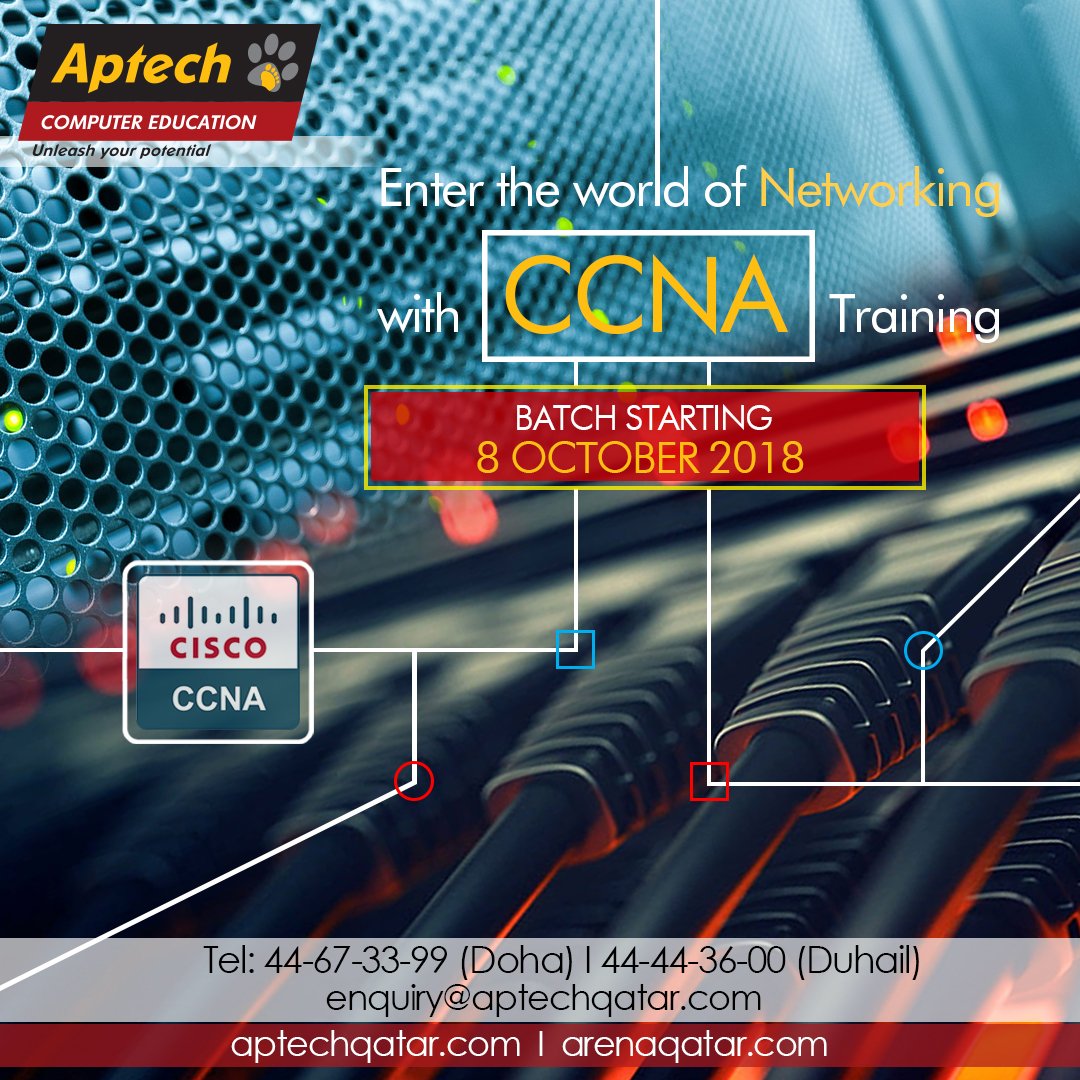 AptechQatar's tweet image. A new batch of CCNA is scheduled to start on 8th October at 7pm. Please dial 44673399 or 44443600 if interested to join the course.

#CCNA #LearnCCNA #CCNATraining #CCNACertification #NetworkTraining #Doha #Qatar #TrainingInQatar #RoutingandSwitching #Routing #Switching