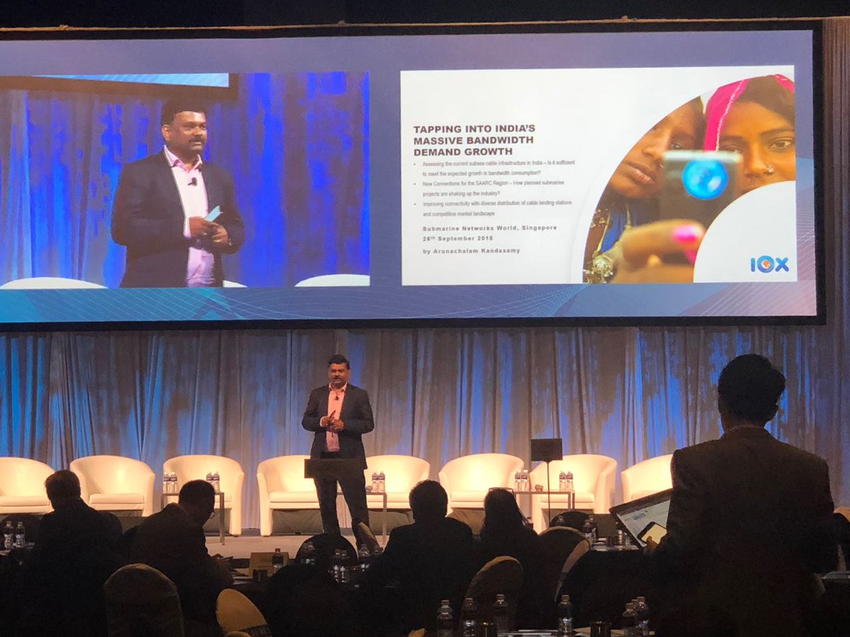 IOX_Mauritius's tweet photo. Submarine Networks World 2018 was a successful event for IOX!

IOX CEO, Arunachalam Kandasamy presentating on India's Massive Bandwidth Demand Growth and how the IOX Cable will provide diversity and abundant capacity to Sub Saharan Africa.
#submarinenetworksworld #singapore #iox https://t.co/wjG4TV9e3V