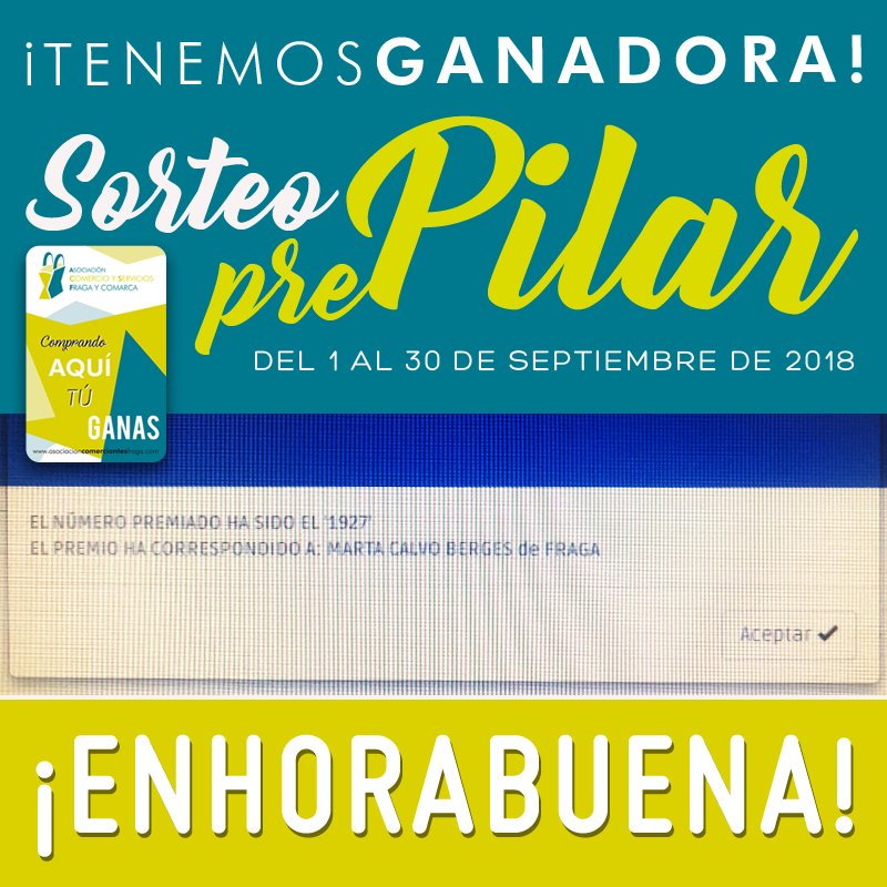 comerciofraga's tweet photo. ¡Ya tenemos ganadora del #SORTEO #PREPILAR!🎆🎉
Los 500€ del premio van a parar a la Tarjeta de Fidelización de MARTA CALVO BERGES, por sus compras realizadas en #FrancoModa y #CarniceríaCharcuteríaGallinat ¡Enhorabuena Marta!¡A disfrutarlos!
#asociacioncomercioservicios https://t.co/Y3uYrn2NPe