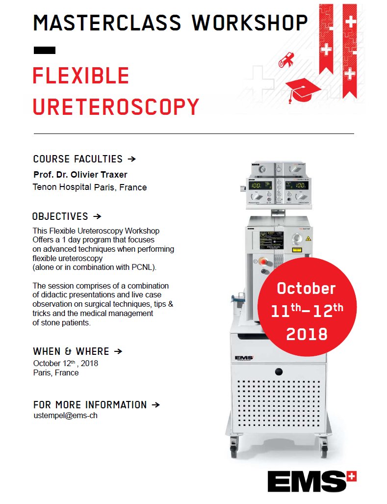EMSUrology's tweet photo. Book your seat  to attend the #EMSmasterclass about Flexible ureterscopy #fURS with @OTRAXER - contact @Stempel_EMS https://t.co/AnKFQbizRO