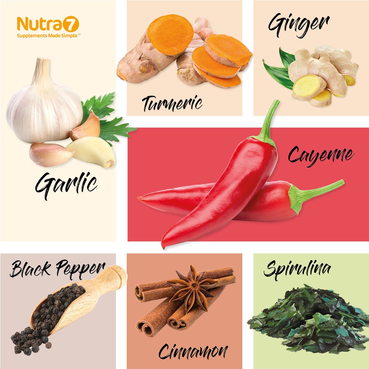 Nutra_7's tweet photo. With a natural blend of turmeric, ginger, garlic, cinnamon, cayenne, spirulina and black pepper, these super-foods help to create our Nutra7 supplement and support your general health and well-being https://t.co/YiuVWjiDcT #Nutra7 https://t.co/aNGaLYsq4K