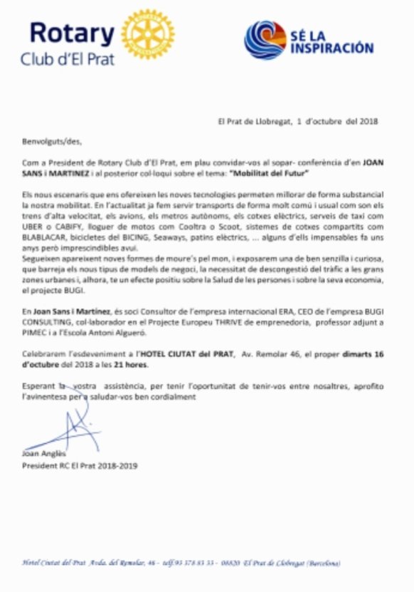 RotaryElPrat's tweet photo. Adjuntem carta-invitació del president del club, Joan Anglès i Anglès, al sopar amb posterior conferència a càrrec d'en Joan Sans Martínez sobre el tema "Mobilitat del futur". Hotel Ciutat del Prat, 16 'octubre a les 21 hores. Rotary Club d'El Prat https://t.co/MR5E3IaQxx
