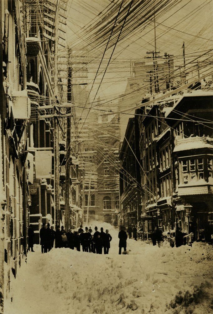 This photograph was taken in 1887 and shows the tangled web of overhead telephone lines in New York, just seven years after the first installation.