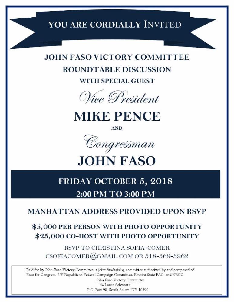 Indivisible19NY's tweet photo. The owners of #NoShowFaso are holding a fundraiser in NYC. He'll keep working to lower the taxes of wealthy donors while screwing the rest of us.
#NotOurValues #MercerMinion #CorruptGOP #DarkMoney #FireFaso #VoteThemOut #VoteDelgado #NY19 https://t.co/IkaifMtbKJ