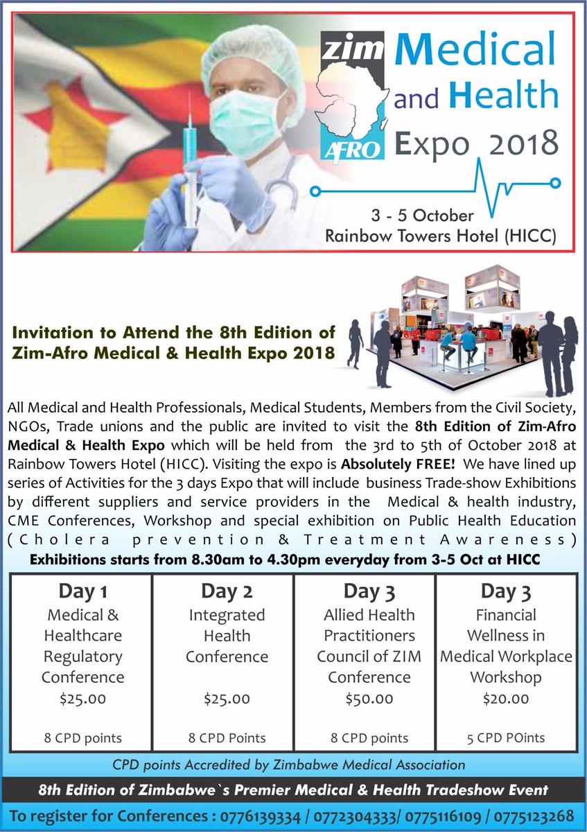 We have 5 free conference tickets for day 1 Regulatory Conference for Doctors or any Medical Professionals. The first 5 people to inbox via WhatsApp to 0773809440 their details will able to attend the conference and this expo promotion. @healthtimeszim @zcphp @helatv_zim
