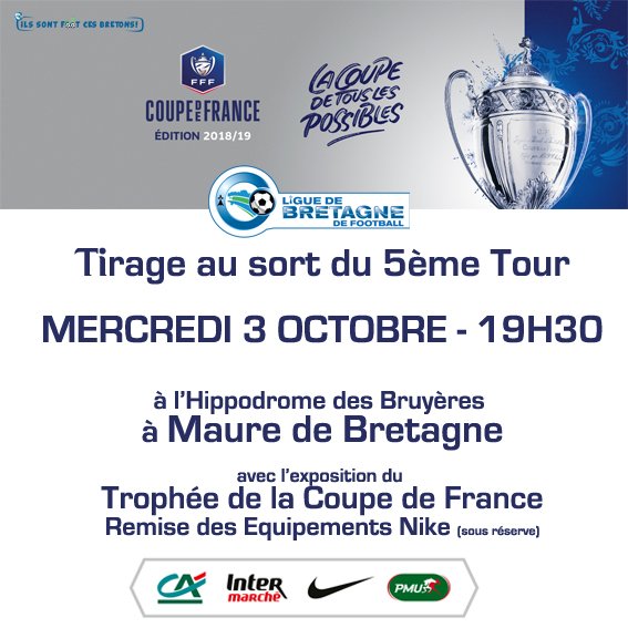 [COUPE DE FRANCE]
Découvrez la liste des clubs qualifiés pour le 5ème tour !
🗓️ Le Tirage se déroulera ce mercredi à 19h30 à l'Hippodrome de Maure de Bretagne en partenariat avec le PMU !

<a href="/FCQuimperle/">FC Quimperlé</a> @EASTRENAN <a href="/AGPlouvorn/">AG Plouvorn</a> <a href="/Auray_FC/">Auray Football Club</a> <a href="/FCG_bzh/">FC Guichen</a> <a href="/CSBegard/">CS Begard</a> <a href="/OCCessonFoot/">OC Cesson Football</a> <a href="/tarennes/">TA Rennes 🐗</a>