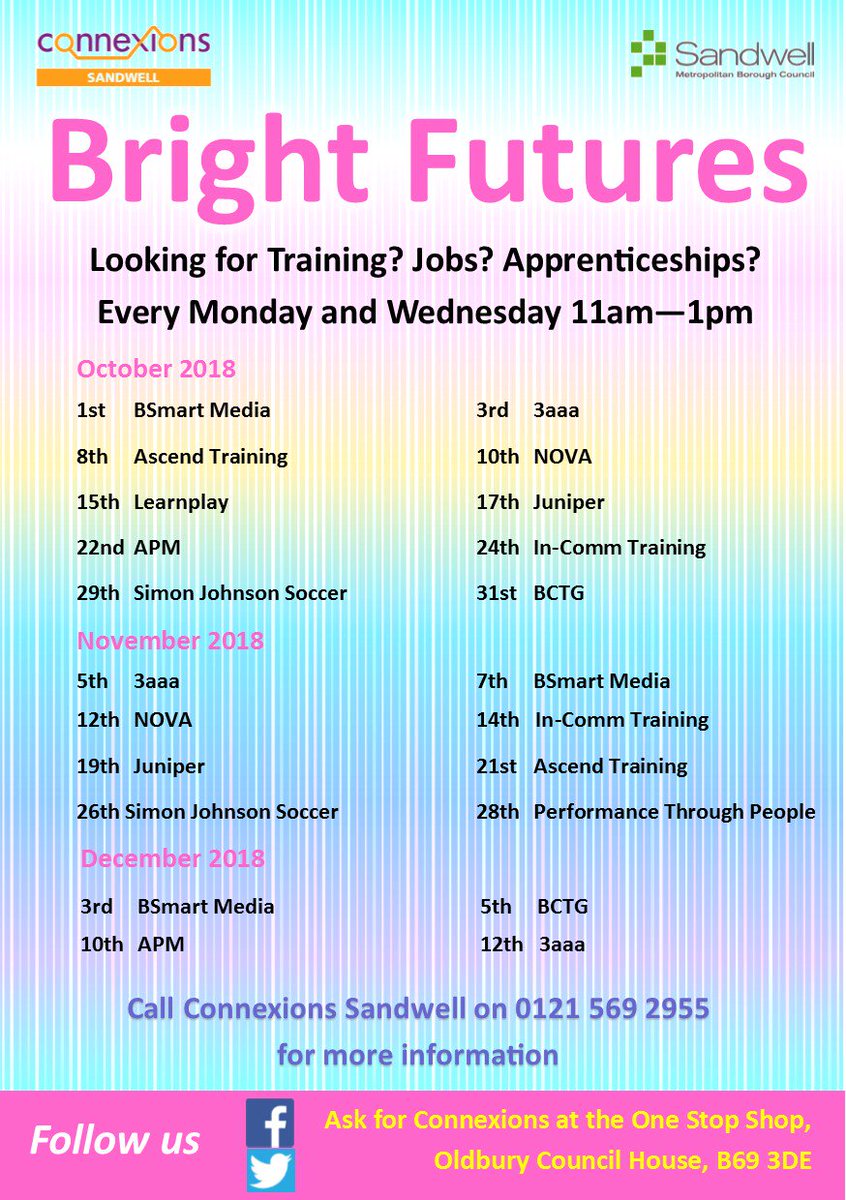 <a href="/3aaaUK/">3aaa Apprenticeships</a> are in the One Stop Shop Wed 3 October 11am - 1pm for Bright Futures event.  Are you interested in IT, Finance or Customer Service, then come along and speak with Aisha and find out more <a href="/Sandwell_Chron/">Sandwell Chronicle</a> <a href="/sandwelllibs/">Sandwell Libraries</a> <a href="/sandwellcouncil/">Sandwell Council</a>