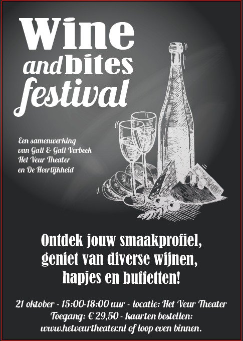 VerbeekPeter's tweet photo. Bijna zover! Het derde festival Wijn &amp; Bites gaat op 21 oktober plaats vinden. Voor info kijk je op https://t.co/NxnmOmlUDM https://t.co/VToIijVFLY