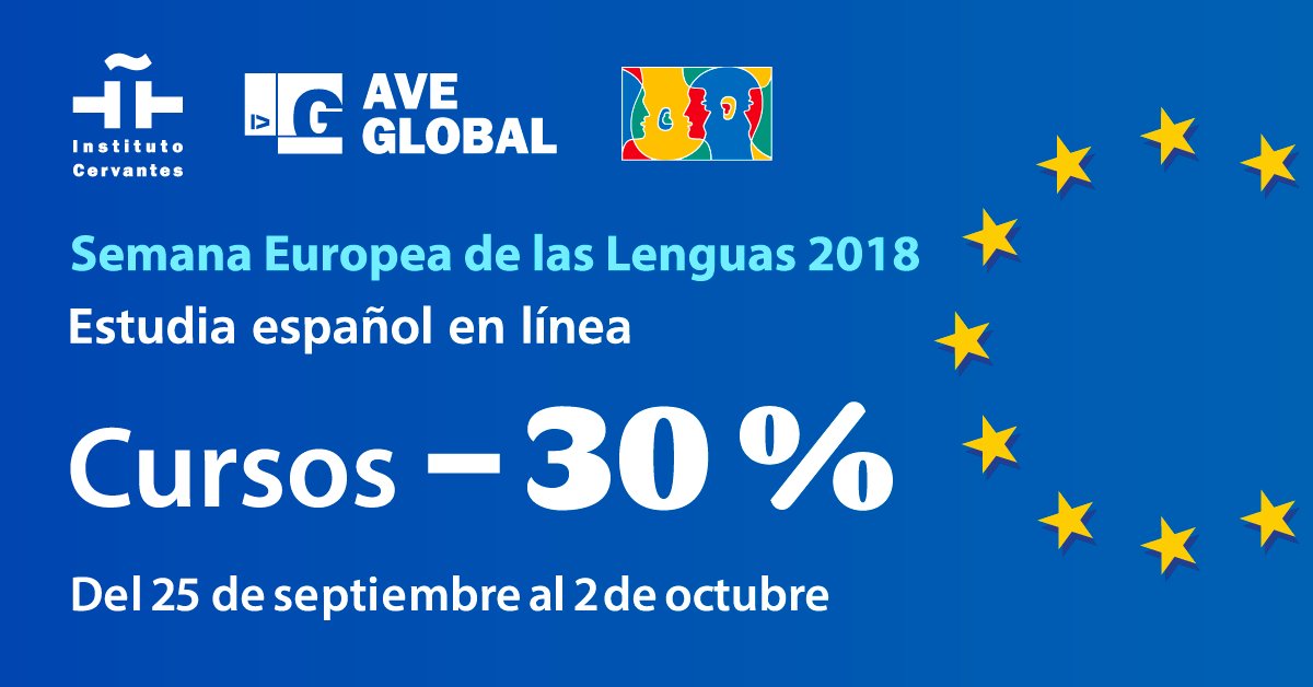 InstCervantes's tweet photo. ¡Date prisa, aún tienes tiempo! Hoy es el último día para disfrutar del descuento del 30 % en cualquiera de los cursos de #español en línea #AVEGlobal. 
¡De 75 € a 52,50 €!
🛒 https://t.co/Pcd0gAa4kB 
#DEL2018 https://t.co/NwSgazOuY0