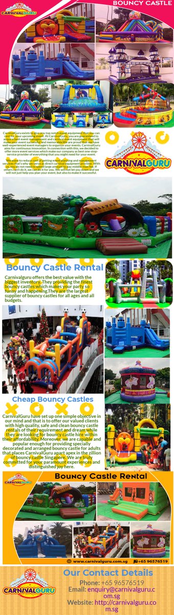 carnivalgurusg's tweet photo. Reasonable and Cheap Bouncy Castles from Carnival guru
CarnivalGuru is the ultimate solution to your problem for bouncy castle rental. At present, there are number of companies offering interactive, bouncy castle party rentals along with sophisticated games for different party https://t.co/yk8Q7BUFep