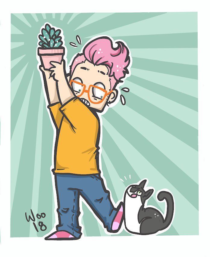 wooosome's tweet photo. ”Snacktime” #inktober Day 2. This here is the reason why we can’t have any real plants in our appartment: Loki will think that they’re snacks for him and nibble on them all~ #woosome #wootober #lokithecat #inktober2018 https://t.co/JP9PDGSPTD