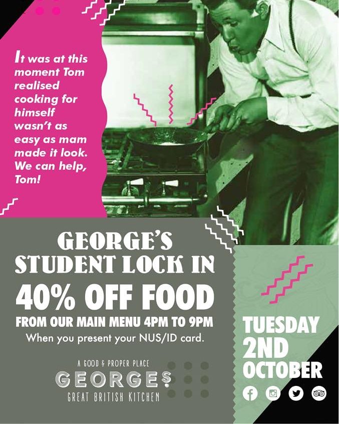 georgesGBKNcl's tweet photo. Tonight's the night! It's @intueldonsquare #studentlockin from 4pm this evening! We're giving all #students 👉 40% off food 👈 for 1 night only! So fuel up before hitting the shops or re fuel after shopping until you drop into Georges! 🙌
#studentdiscount #studentlife #tuesday https://t.co/S4mWlwV3ve