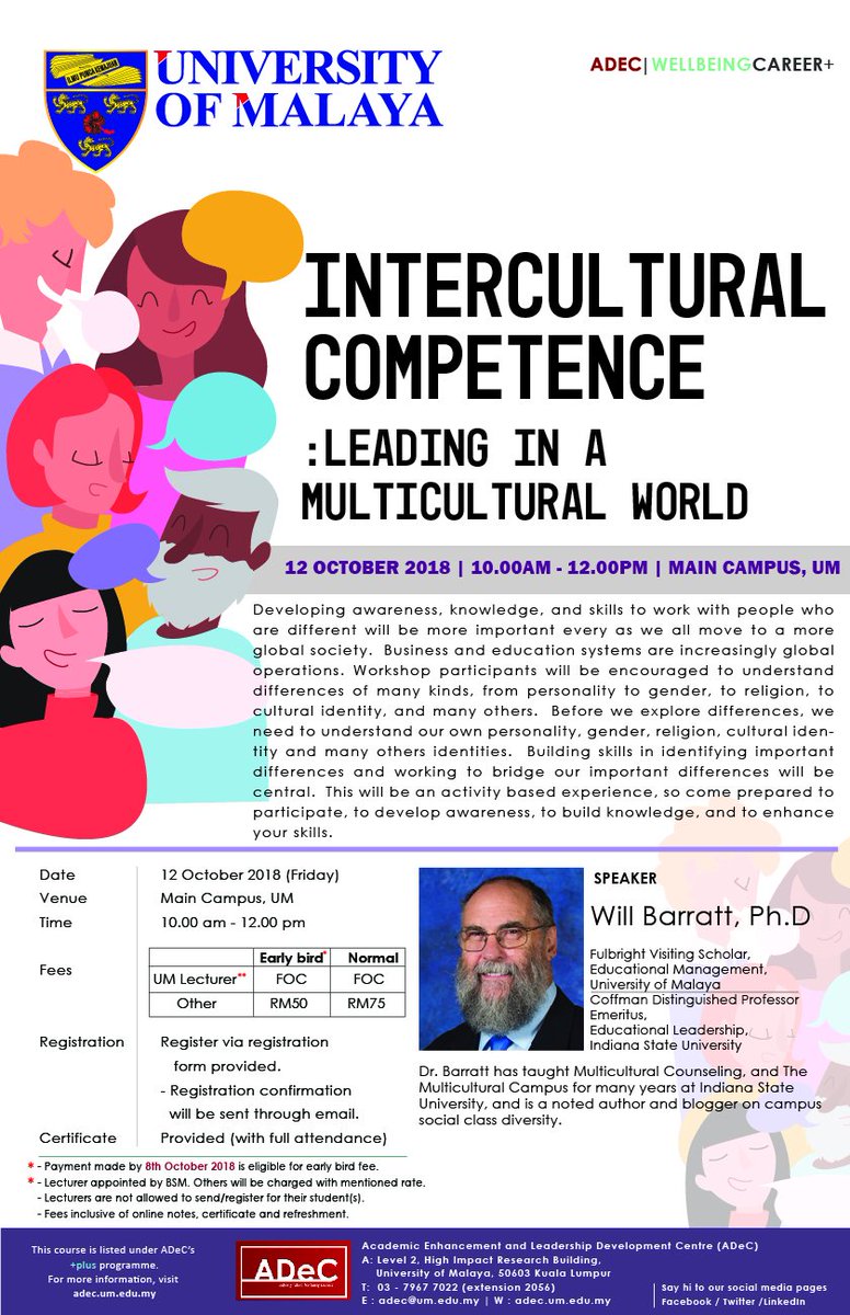 ADeC_UM's tweet photo. Register NOW https://t.co/NXFvsfHokA for Intercultural Competence: Leading in a Multicultural World by Dr. Will Barratt I 12 October 2018 I 10am - 12pm I Campus UM
#inspiringtalentnurturingleaders #ADeCUM #universityofmalaya #intercultural #multicultural #multiculturaleducation https://t.co/XAiFsz5mX1