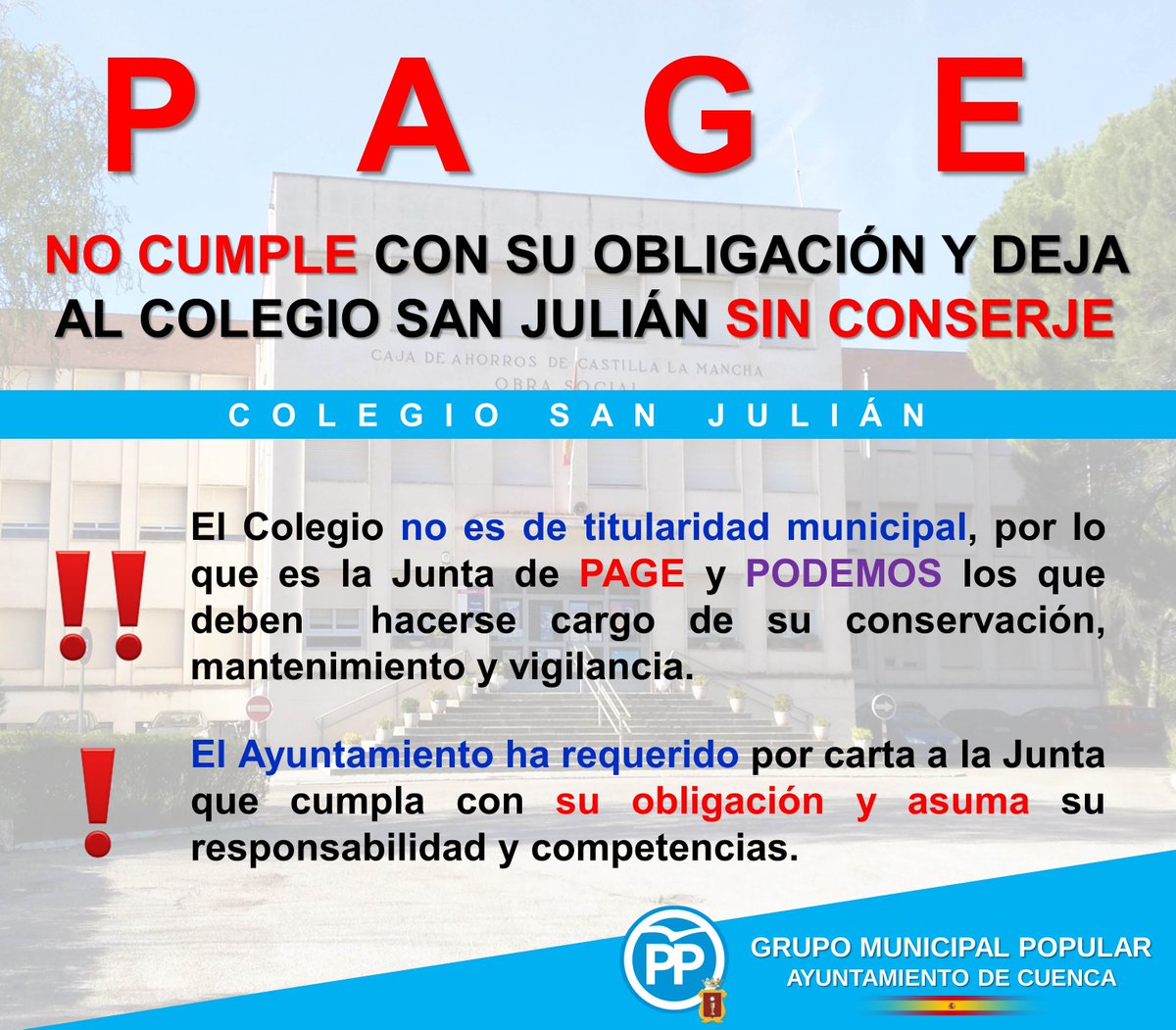😨 #PAGE 🍅🍆 no cumple con su obligación y deja al colegio San Julián sin conserje 📚✏️

❌ Otra muestra más del desgobierno 🍅🍆 que se está produciendo en CLM. Los planes, anuncios y promesas 🗣️ deben ir acompañadas de hechos ✍️, mucho pedir para el señor #Page 🍅
