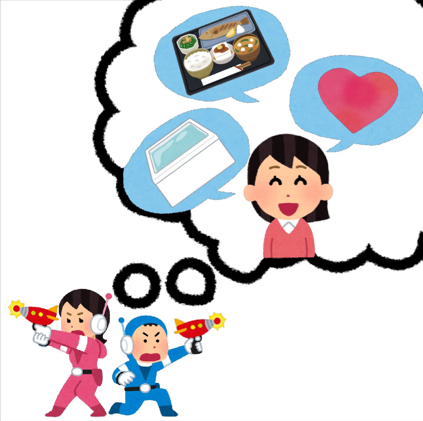 まいチクをいらすとやで再現 再現難易度 使ったイラスト 7枚 ふきだしのイラスト 白黒 丸型 笑う女性のイラスト 第3段階 和風定食のイラスト 水が入った浴槽のイラスト ハートマークのイラスト 光線銃を撃つ未来