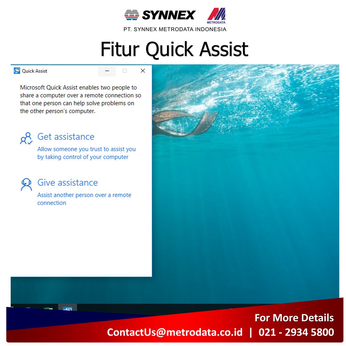 SynnexMetrodata's tweet photo. 5| Untuk mempermudah penggunaan #windows10, kamu bisa menggunakan fitur Quick Assist, gunakan langkah berikut ini: #SMITips https://t.co/Te1ASROpXn